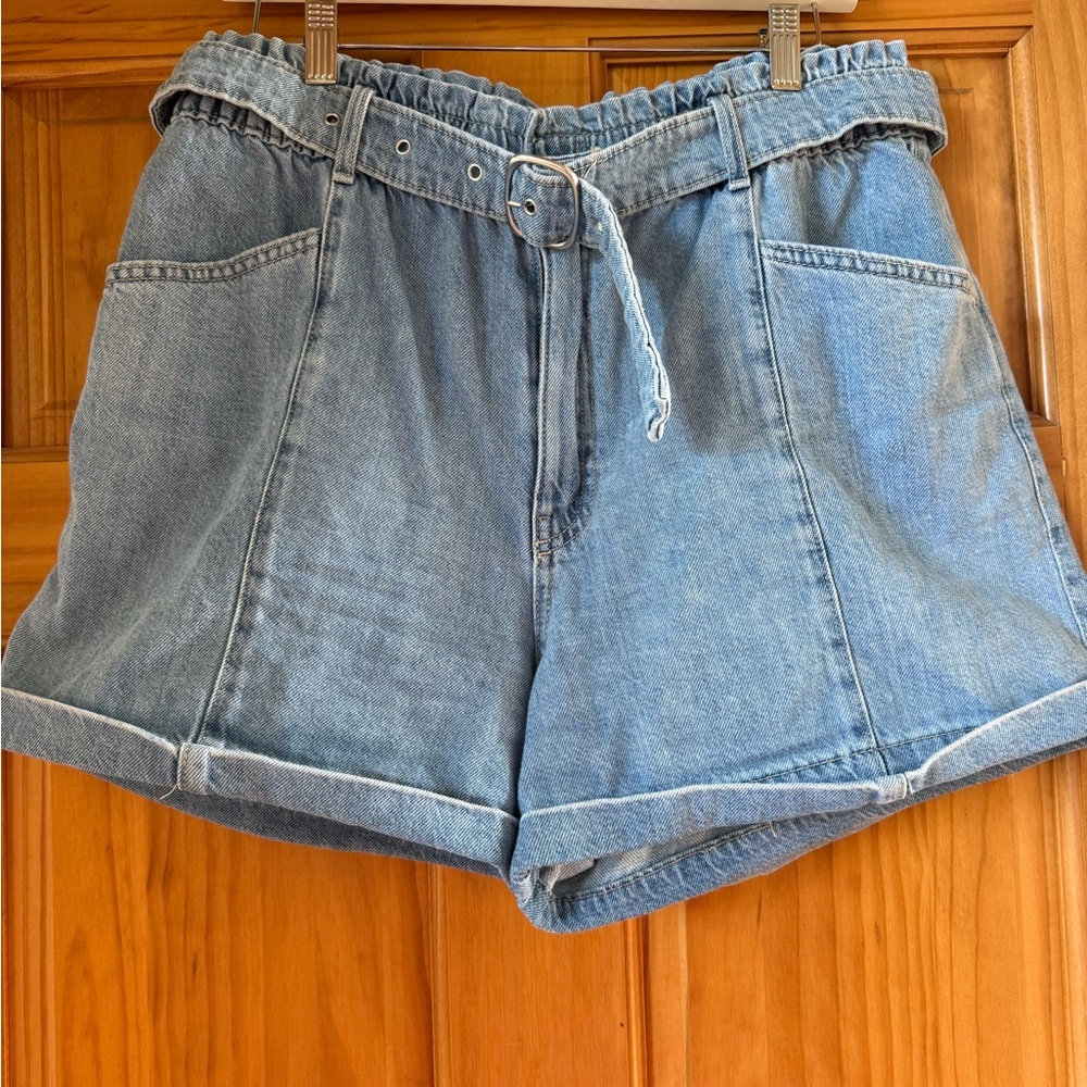Mango Light Blue Jean Shorts with Paper Bag Waist